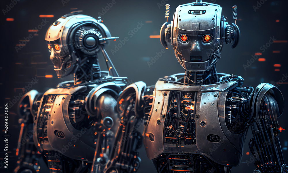 3D Robot automated team working AI chatbot future process futuristic industry engineering background digital technology industry revolution. Future robots. Smart factory, industry. Generative AI 3D Robot automated team working AI chatbot future process futuristic industry engineering background digital technology industry revolution. Future robots. Smart factory, industry. Generative AI