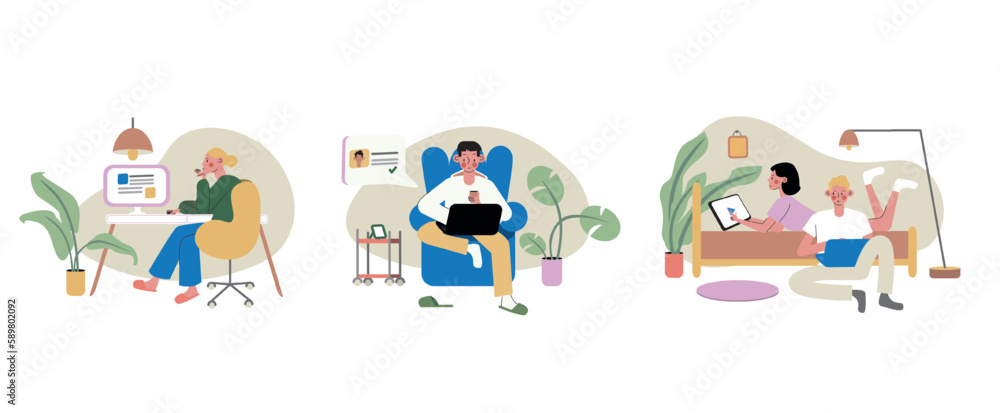 Naklejka premium Set of cartoon characters working from modern convenient workplaces. Benefits of remote job. Distant work and telecommuting career. Freelancers, copywriters, and graphic designers. Vector