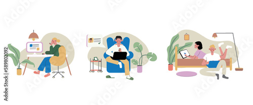 Set of cartoon characters working from modern convenient workplaces. Benefits of remote job. Distant work and telecommuting career. Freelancers, copywriters, and graphic designers. Vector