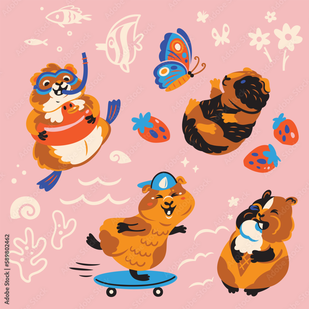 Naklejka premium Guinea pigs cute cartoon characters on summer vacation. Vector illustration