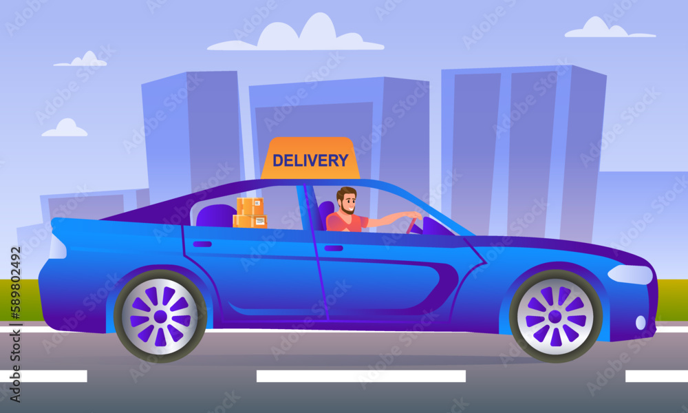 Cartoon characters of young man delivering parcels using car. Modern postal system worker. Express delivery services to home or office using vehicle. Vector