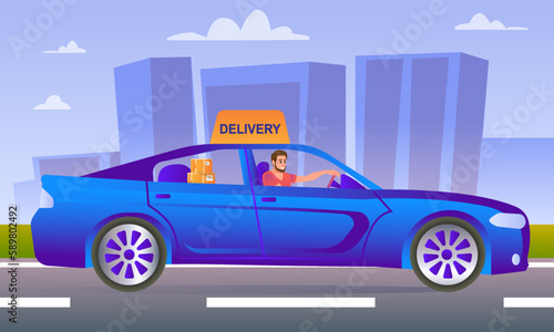Fototapeta Naklejka Na Ścianę i Meble -  Cartoon characters of young man delivering parcels using car. Modern postal system worker. Express delivery services to home or office using vehicle. Vector