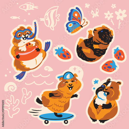 Sticker set with Guinea pigs. Cute cartoon characters of hamster on summer vacation. Vector illustration