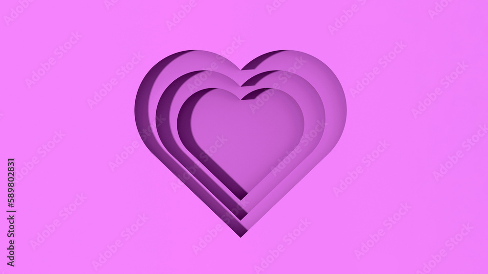 violet hearts with shadows. heart-shaped grooves with shadows. Valentine's Day. Horizontal image. 3D image. 3d rendering.