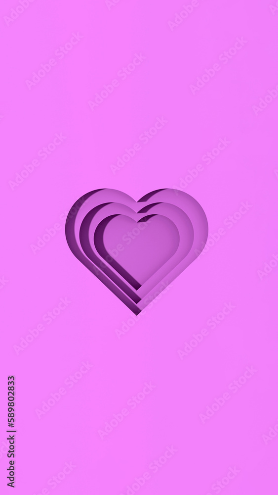 violet hearts with shadows. heart-shaped grooves with shadows. Valentine's Day. Vertical image. 3D image. 3d rendering.