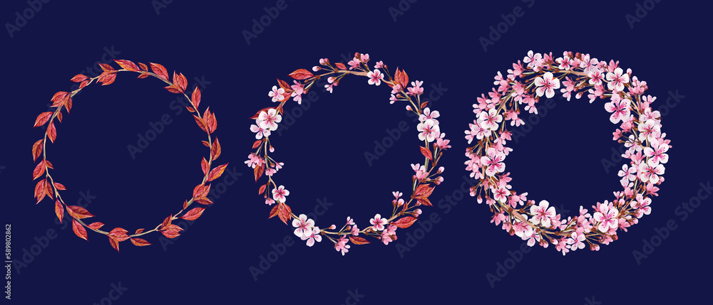 Watercolor Oriental cherry. Spring flower round frames. Wreath with flowers, buds, leaves of sakura on dark blue. Background for wedding invitations, congratulations, messages, save date, cards. 