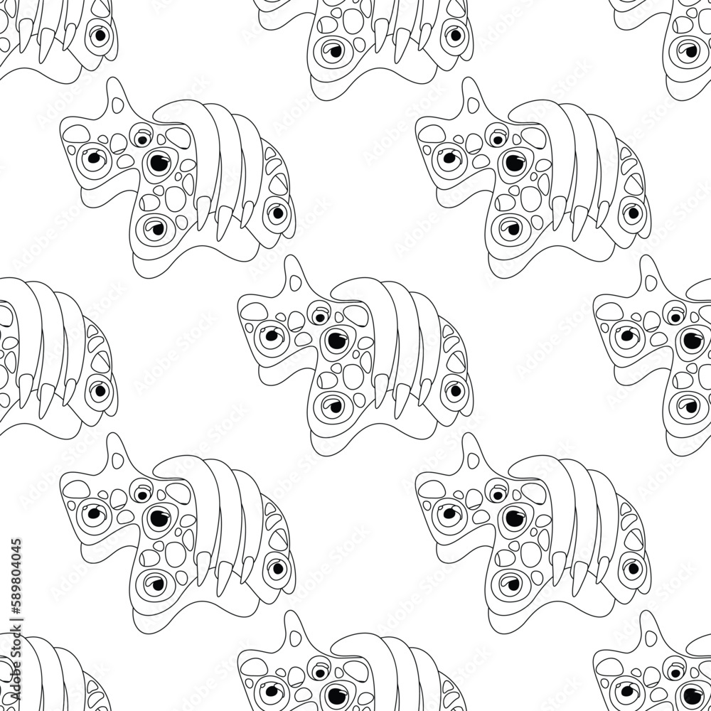 Obraz premium Seamless Pattern with Psyhodelical Monster Vibes. Surreal Design, Endless Texture. Pop Art Cartoon Style with Stains. Coloring Book Page. Vector Contour Illustration