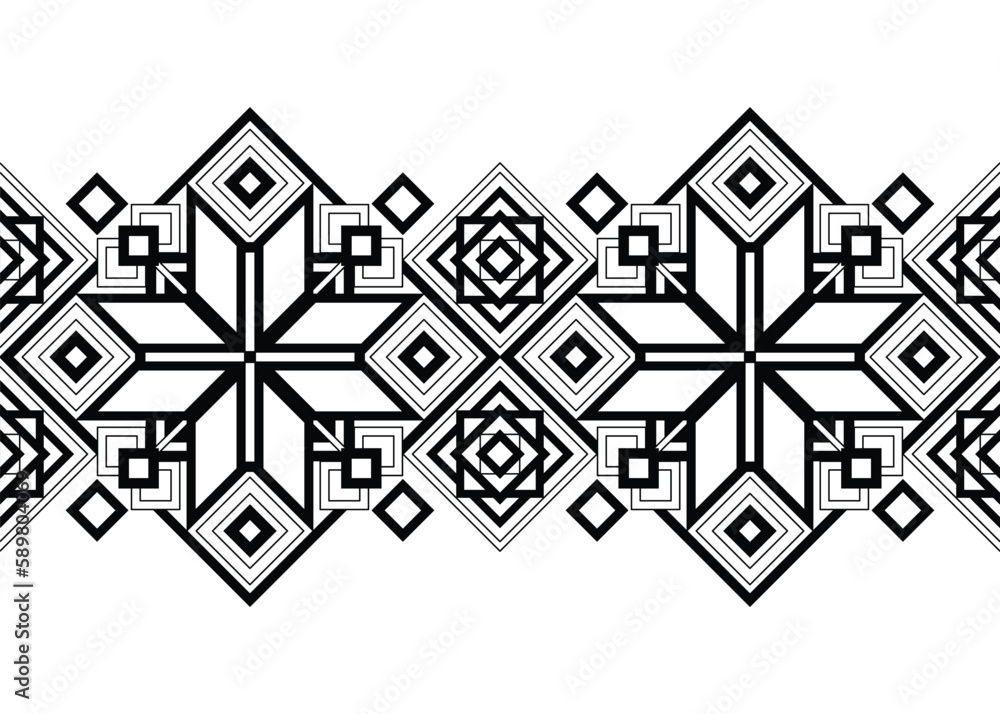 Seamless Border with Ornamental Composition Inspired by Ukrainian Traditional Embroidery. Ethnic Motif, Handmade Craft Art. Ethnic Design Element. Coloring Book Page. Vector Contour Illustration Seamless Border with Ornamental Composition Inspired by Ukrainian Traditional Embroidery. Ethnic Motif, Handmade Craft Art. Ethnic Design Element. Coloring Book Page. Vector Contour Illustration