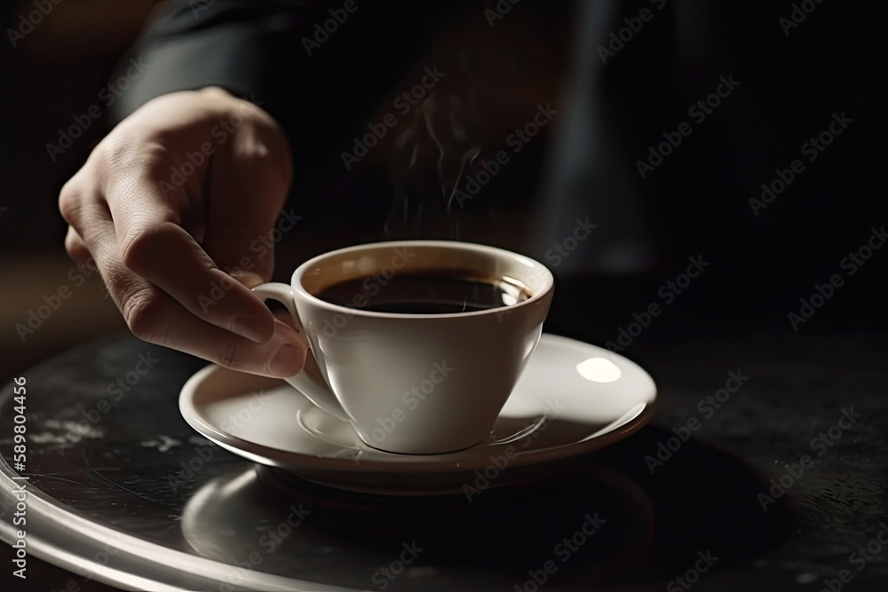 Barista in black apron standing handing cup of coffee close up Barista in black apron standing handing cup of coffee close up