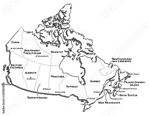 Vector hand drawn map of Canada with main capital cities. Canadian provinces and territories black and white illustrated map. Full vector global color swatch different layer for ease of use