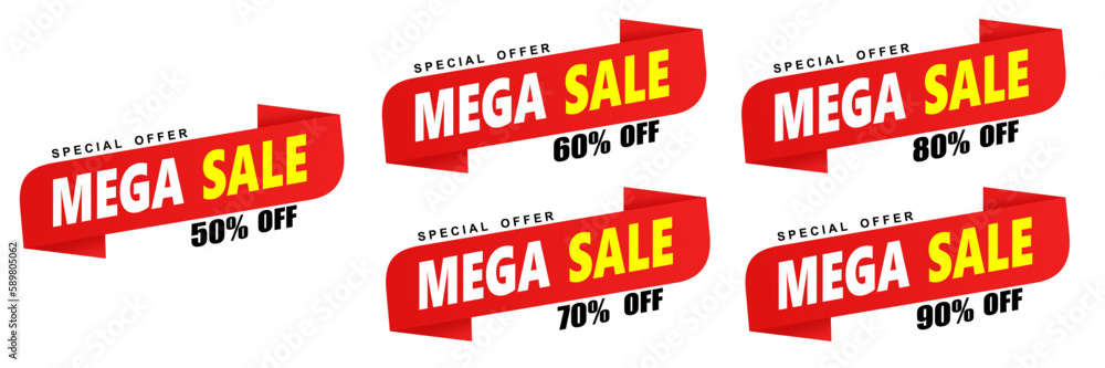 Percent Sale banner template design set, Big sale special offer. 50 60 70 80 90 percent sale. Vector illustration. Can used for business store event. Red sign