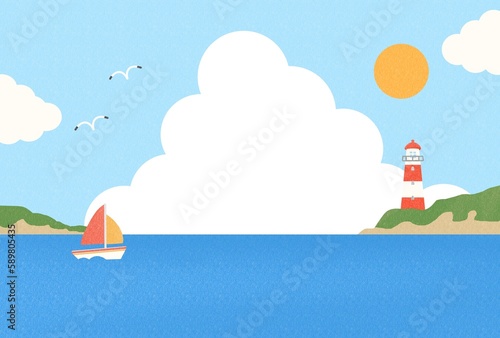 海に浮かぶヨットと海岸沿いに立つ灯台のある夏の風景イラスト