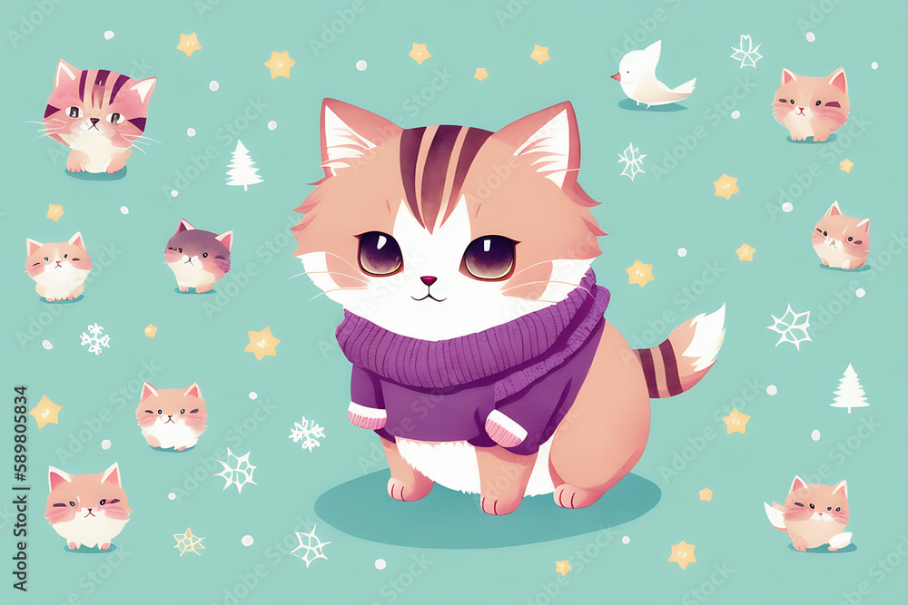 An adorable cute cat character warmed up in winter clothes standing in nice hat and scarf ready to celebrate christmas created with generative ai
