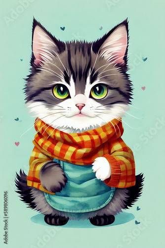 An adorable cute cat character warmed up in winter clothes standing in nice hat and scarf ready to celebrate christmas created with generative ai 