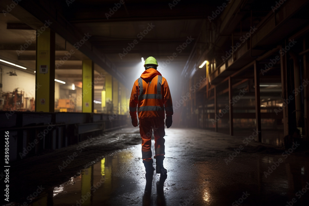 Fototapeta premium A worker walks through a large warehouse. AI generated