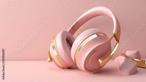 Pink pastel headphones. Illustration AI Generative.