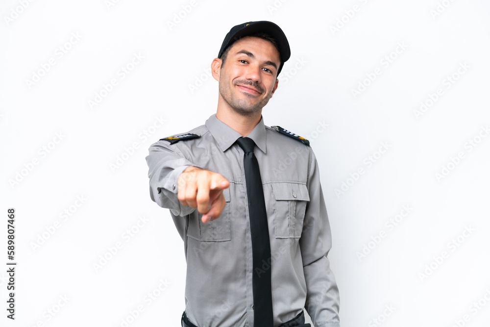 Young safeguard man over isolated white background points finger at you with a confident expression Young safeguard man over isolated white background points finger at you with a confident expression