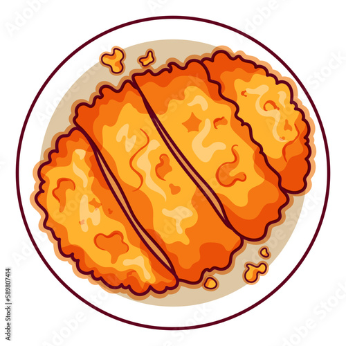 Japanese fried pork cutlet (Tonkatsu) illustration vector. Asian appetizers and finger food icon top view. Fried pork cutlets breaded (Tonkatsu) top view cartoon. Fast food crispy pork menu icon.