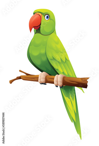 Cute green parrot sitting on branch cartoon illustration isolated on white background