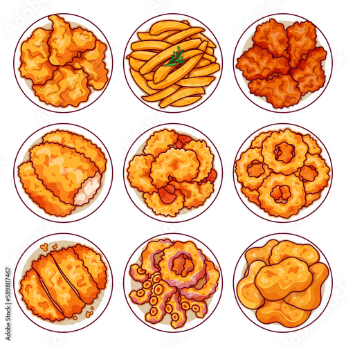 American fast food set menu icon top view vector.
(Fried chicken, French fries, Chicken wings, Crispy breaded fish fillet, Crispy shrimp, Fried onion, 
Tonkatsu pork, Seafood fried squid, Nuggets)
