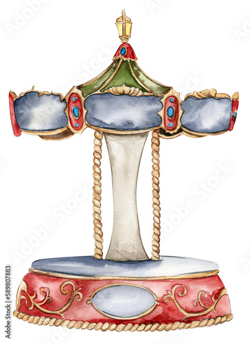 Watercolor illustration of a carousel vintage style. Perfect for wedding, invitations, blogs, card templates, birthday and baby cards, patterns, quotes. isolater on white background.Cute circus animal