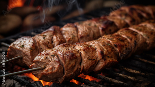 kebab meat on skewers in front of the grill photo