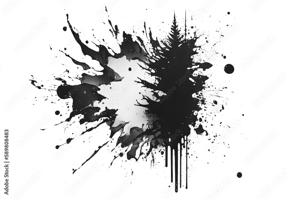 Black paint explosion on empty transparent background. Isolated painting brush splash. Generative ai