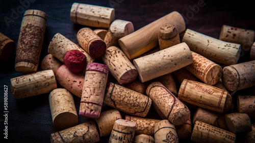 many wine corks background. top view Generated AI