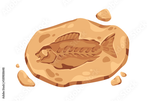 Ancient fish silhouette, imprint on fossil stone. Archeology art, old rock with organic fossilized footprint, trace. Prehistoric remains. Flat cartoon vector illustration isolated on white background