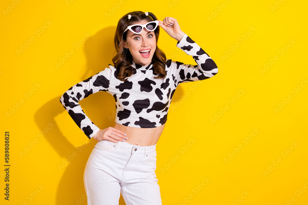 Fototapeta premium Photo of positive girl wear sunglass impressed trip discounts wear black spot outfit isolated shine color background