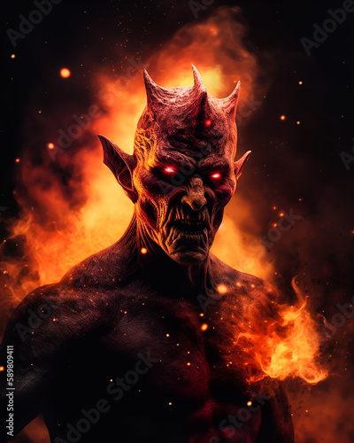 Demon from hell in Fire flame and molten lava Deadly furious look and Red eye  photo