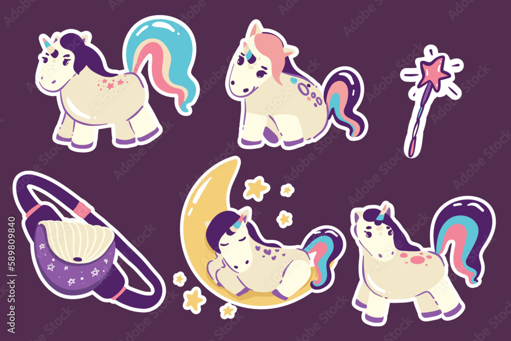 Set of Cute Cartoon Unicorns isolated on a white background sticker Set of Cute Cartoon Unicorns isolated on a white background sticker