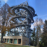 Mlynica (Mill Hill) Observation Tower in spa resort in the Izerskie Mountains. Autumn in Swieradow Zdroj, Poland