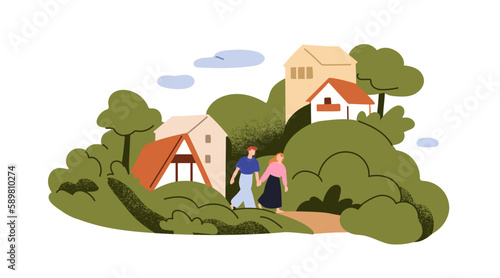 Couple walking outdoors among green trees and houses in suburbs. Man and woman strolling in suburban nature landscape in summer. Flat graphic vector illustration isolated on white background