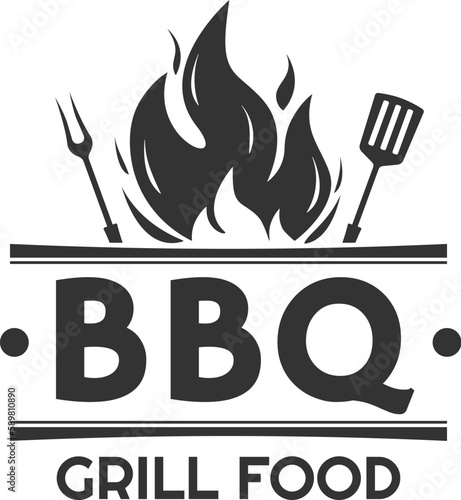 BBQ logo or icon. Grill food label with fire flame. Barbecue restaurant emblem design. Vector illustration.