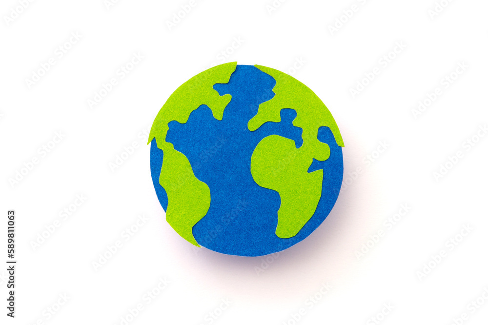 Earth made of paper cut isolated on white background. paper art minimal concept.