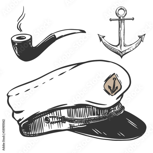 Nautical elements set. Vector captain's cap, smoking pipe, metal anchor. Monochrome illustration in engraving style. Package design elements, sea restaurant menu.