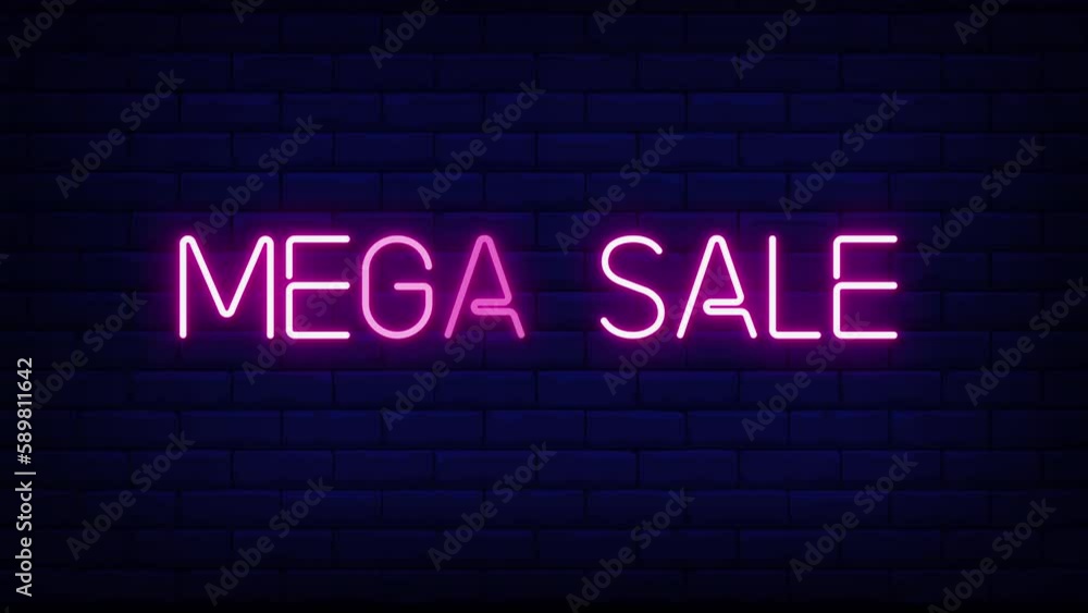 mega sale neon light text on brick wall background motion animation. Glowing large text concept looping animation. mega sale neon light text on brick wall background motion animation. Glowing large text concept looping animation.