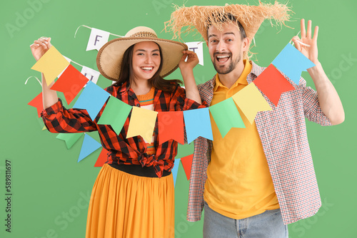Young couple with flags on ...
