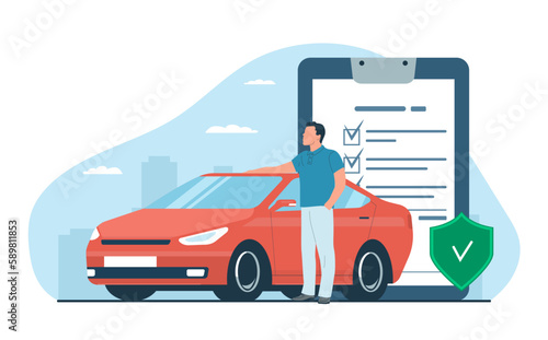 The man put his hand on the roof of his car and looks ahead with confidence as he has an insurance policy. Car insurance concept. Vector illustration.