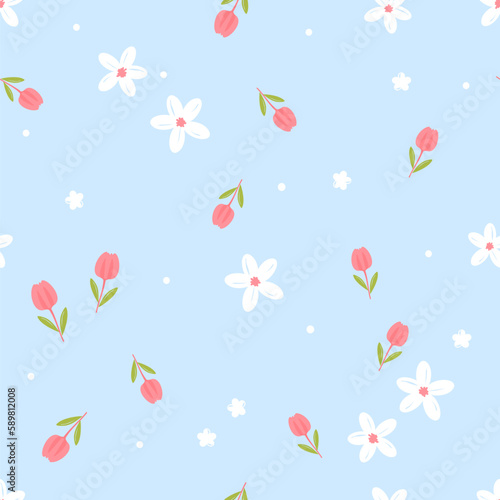 Seamless pattern with pink tulip and white flower on blue background vector illustration. Cute floral print. © Thanawat
