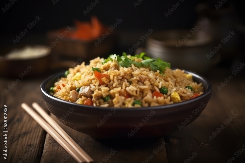 Chinese fried rice with vegetables and chicken served in bamboo or ceramic bowl with chopsticks Chinese fried rice with vegetables and chicken served in bamboo or ceramic bowl with chopsticks