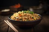 Chinese fried rice with vegetables and chicken served in bamboo or ceramic bowl with chopsticks
