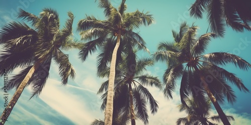 Summer landscape of palm trees and sky in retro style.Colorful summer template. Concept of recreation. Generative AI