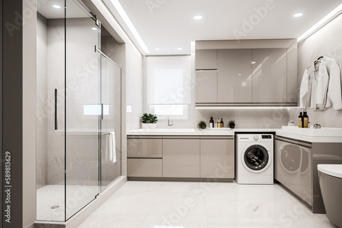 Elegant modern utility laundry room with washing machine  shower closet and wash basin. Created with Generative AI technology.