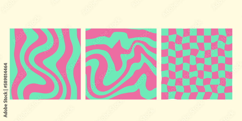 Groovy wave  patterns chess, mesh. Set of vector backgrounds in trendy retro trippy y2k style. Pink and green colors. hippie  design.