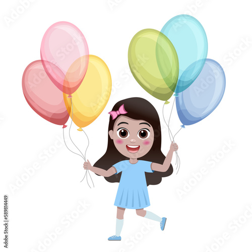 kids, little girl jump with colorful balloons on white background, cartoon illustration, vector. Birthday.Cute children having fun on birthday party. happy kids greeting card celebrate birthday vector © Alina Tsimanovich