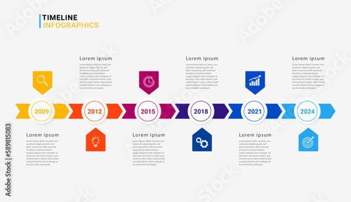Business infographic timeline template. Milestone infographics element design for presentation  web  workflow or process diagram. Vector illustration