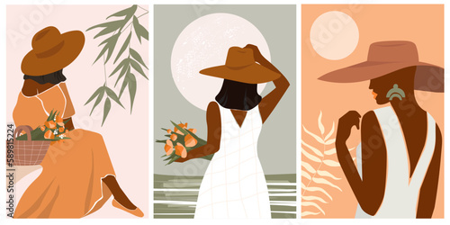 A set of posters with beautiful fashionable girls in hats and dresses in summer on the background of the sun and plants, leaves. Vector graphics.