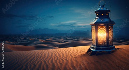 islamic lantern on desert background - stock photo, in the style of romantic moonlit seascapes, blue and amber, stockphoto, mysterious dreamscapes, decorative paintings, Illustration Generative AI